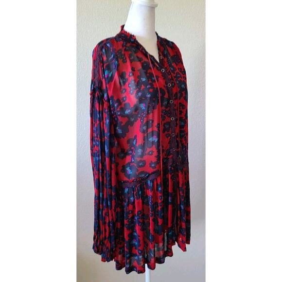 Free People Love Letter Tunic Mini Dress XS Sheer Balloon Sleeves Lace Boho Red - Picture 7 of 11